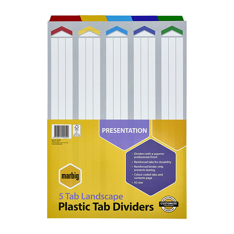 Marbig Dividers Landscape Reinforced Board A3 - 5 Tabs
