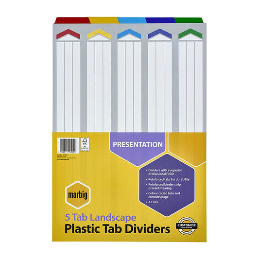 Marbig Dividers Landscape Reinforced Board A3 - 5 Tabs